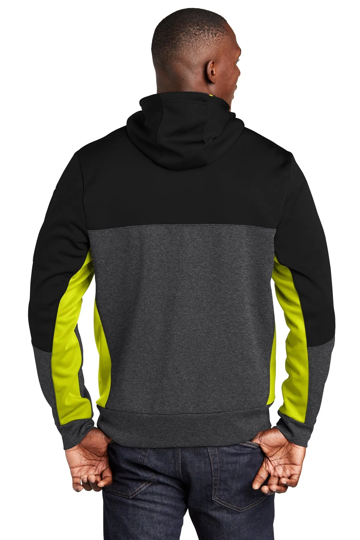 Sport-Tek Tech Fleece Colorblock Custom Full-Zip Hooded Jackets, Black/ Graphite Heather/ Citron