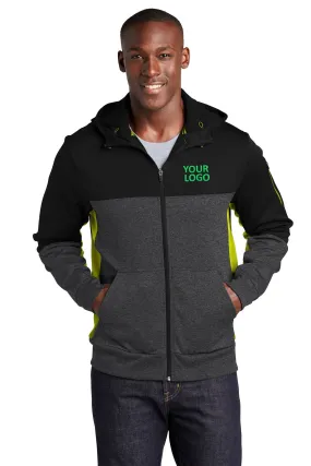 Sport-Tek Tech Fleece Colorblock Custom Full-Zip Hooded Jackets, Black/ Graphite Heather/ Citron