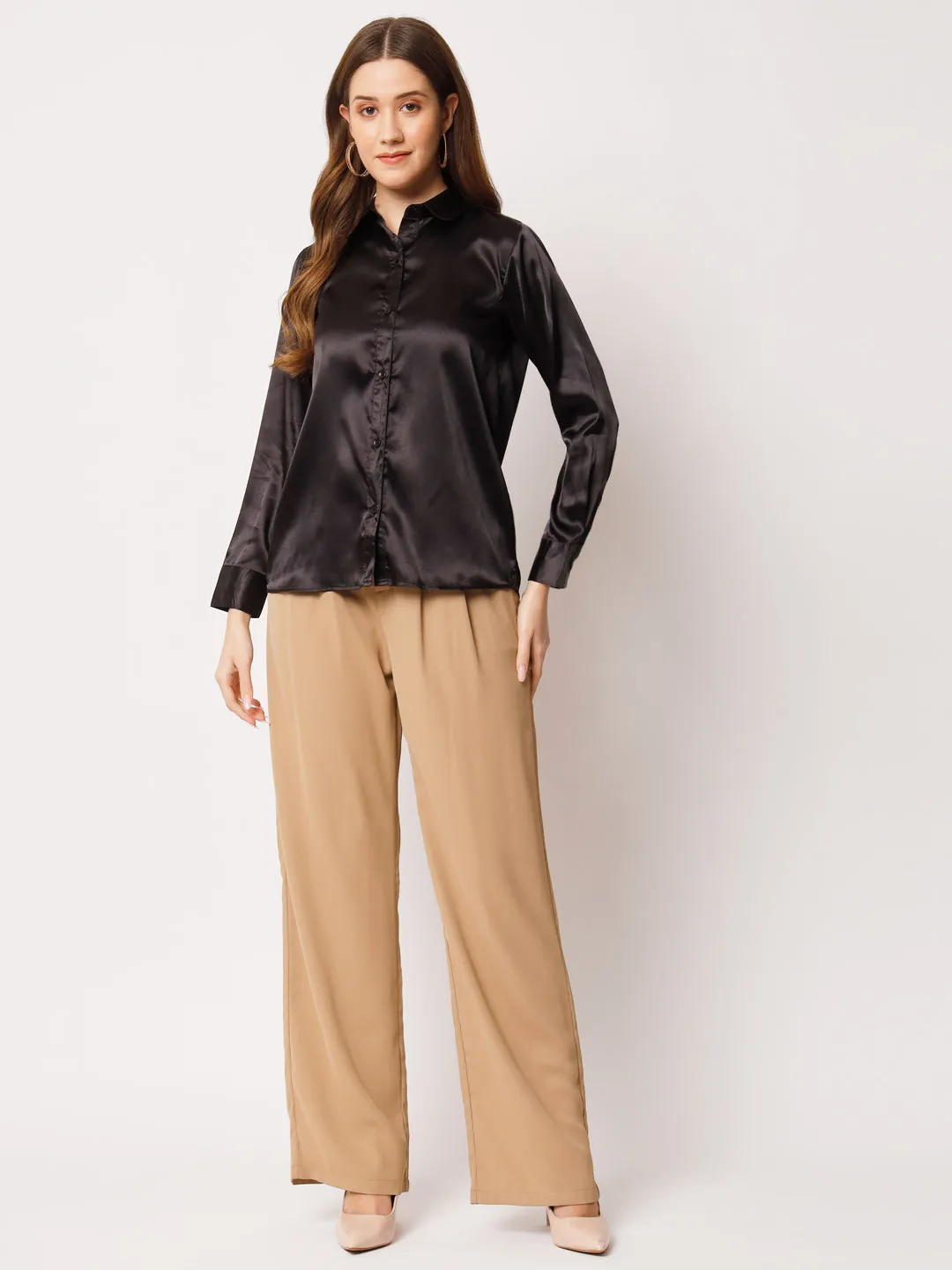 Spread Collar Long Sleeves Satin Classic Shirt