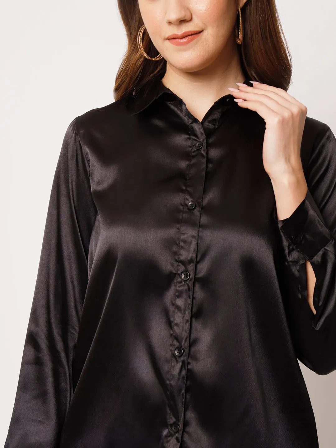 Spread Collar Long Sleeves Satin Classic Shirt