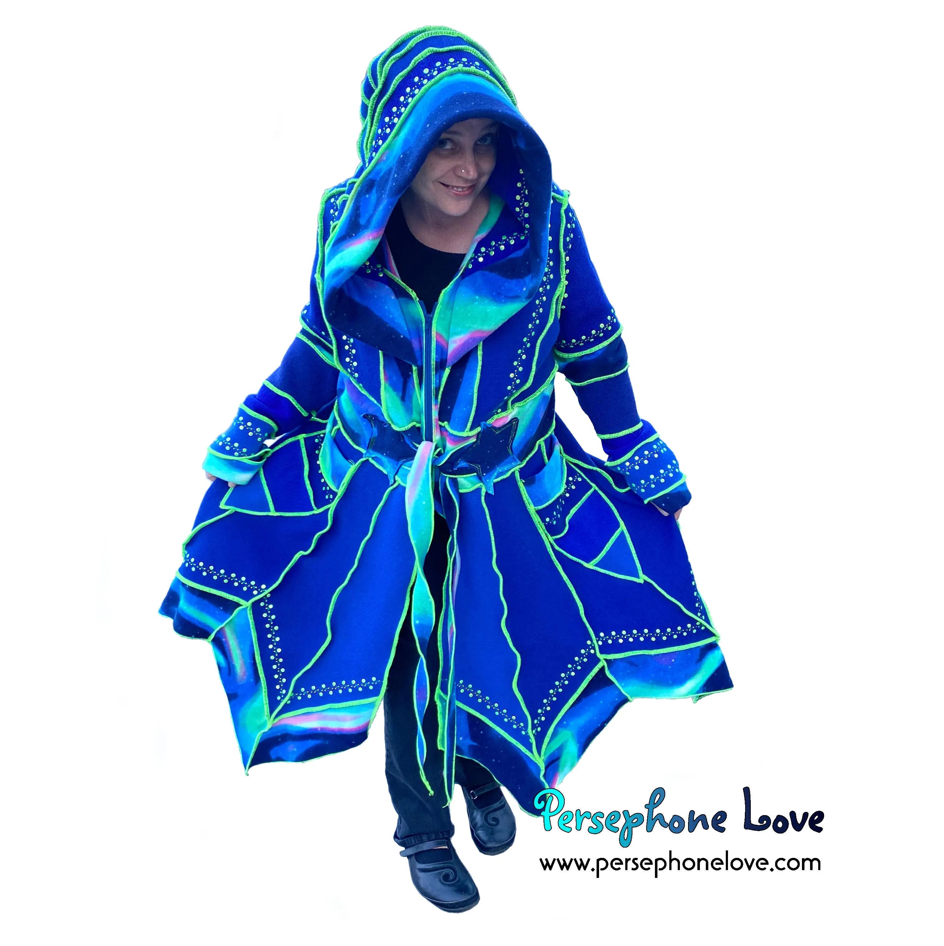 “Superhero” Blue galaxy pixie felted cashmere/wool/fleece Katwise-inspired sequin sweatercoat-2567