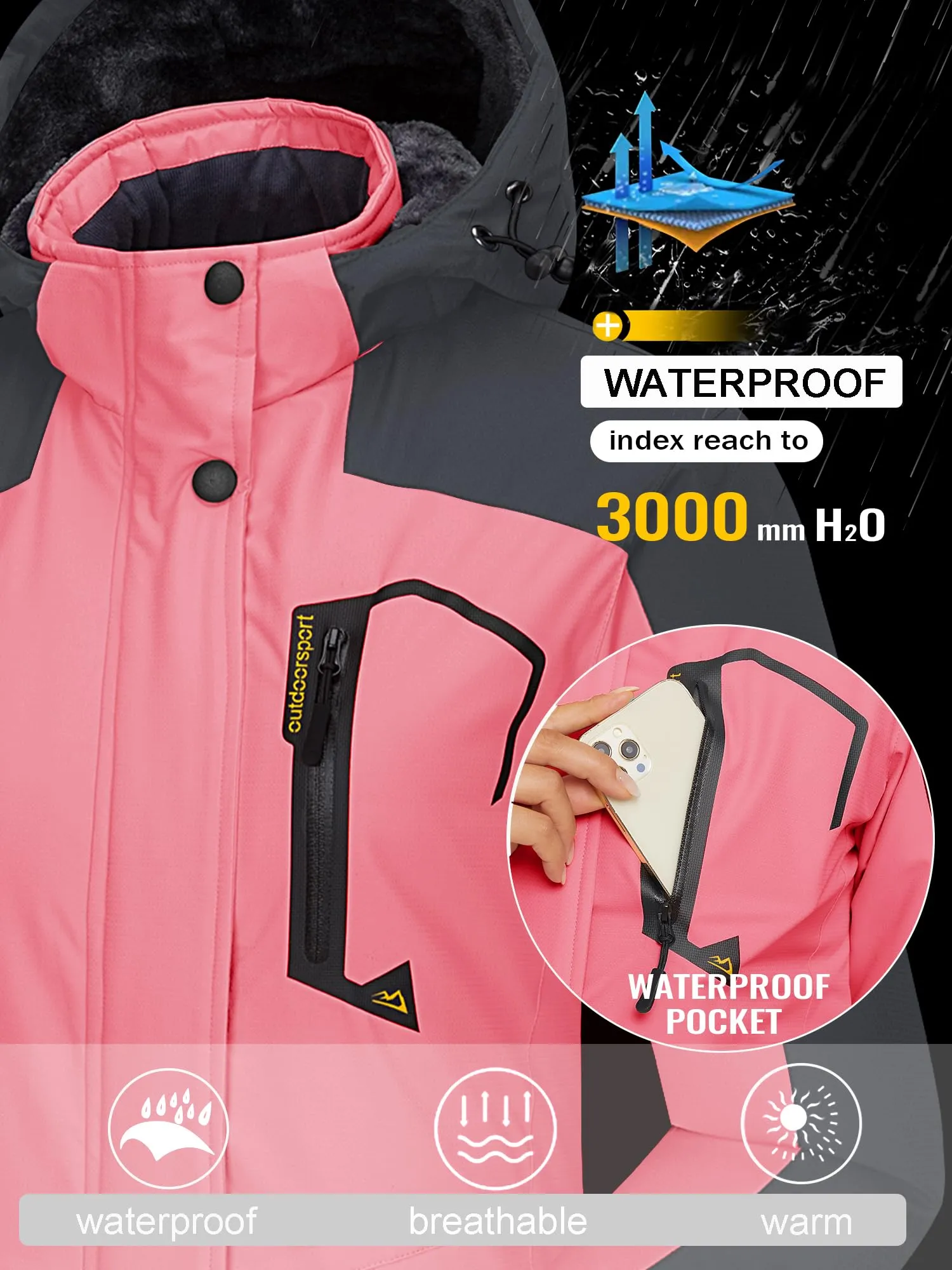 TACVASEN Ski Jackets for Women Winter Waterproof Jackets for Women Outdoor Jacket Women Hiking Warm Fleece Jacket Snow Coat Windproof Jacket