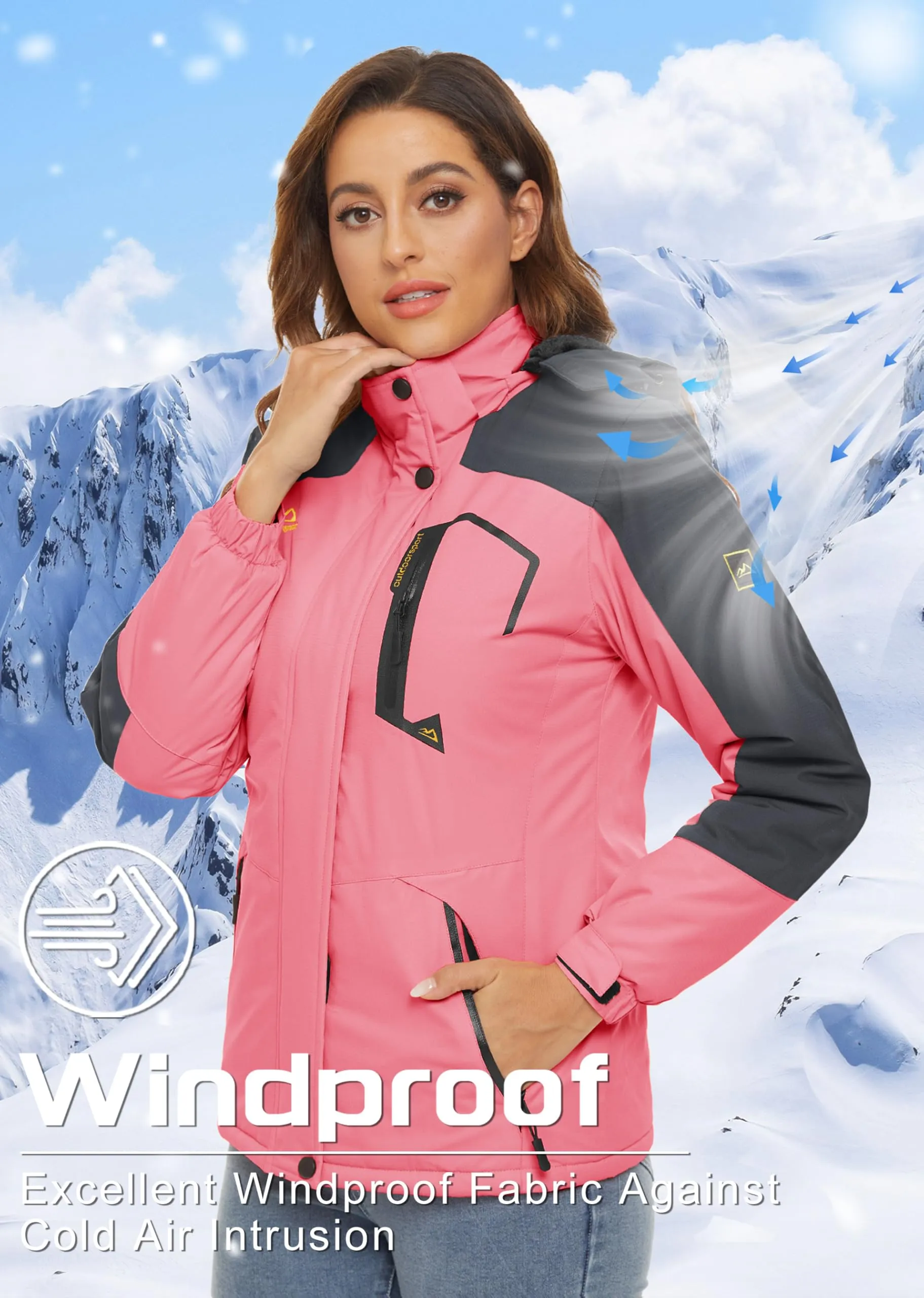 TACVASEN Ski Jackets for Women Winter Waterproof Jackets for Women Outdoor Jacket Women Hiking Warm Fleece Jacket Snow Coat Windproof Jacket