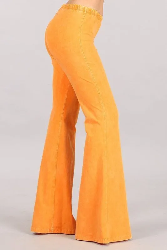 Tangerine Orange Boho Mineral Wash Flared Stretch Pants Casual Womens