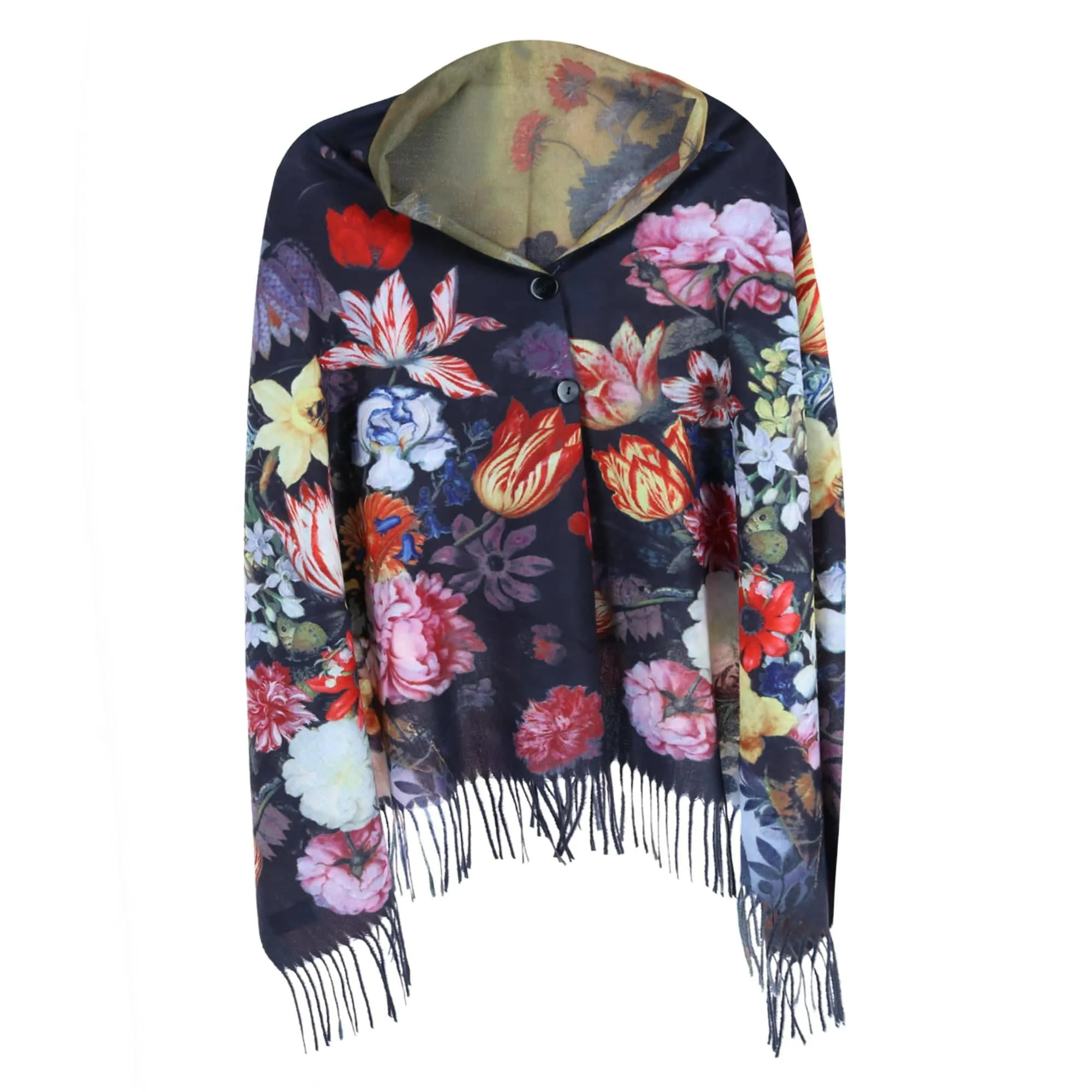 The Magic Scarf Company Women's Reversible Sueded Floral Art Print Button Shawl