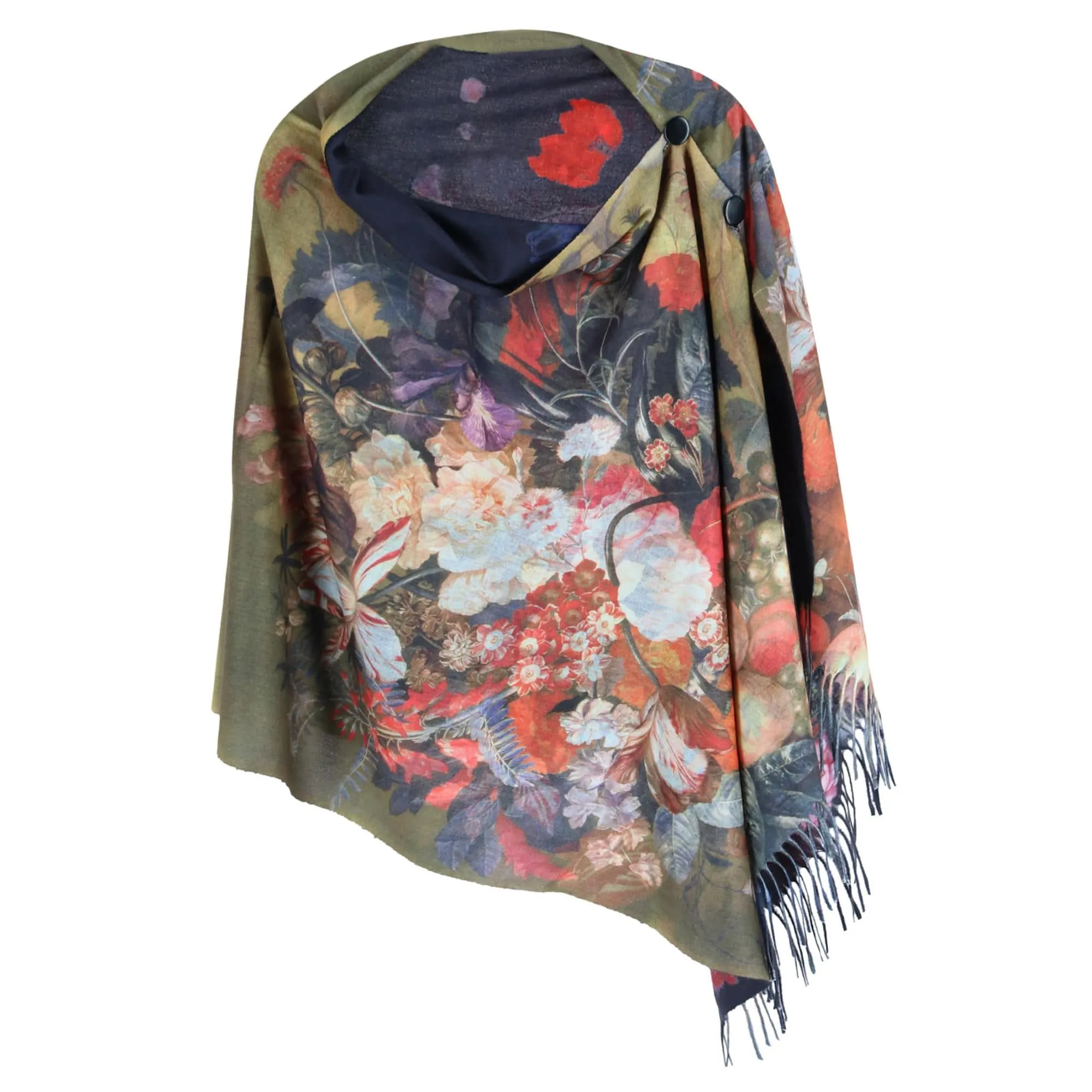 The Magic Scarf Company Women's Reversible Sueded Floral Art Print Button Shawl