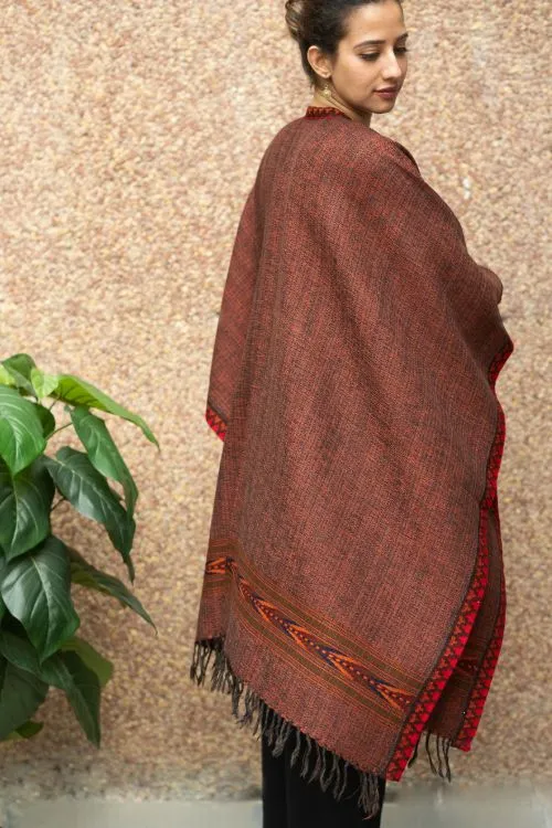 TICH Fine, Soft Himachal Wool Poncho Wrap With Woven Kinnauri Border - Brown Rust