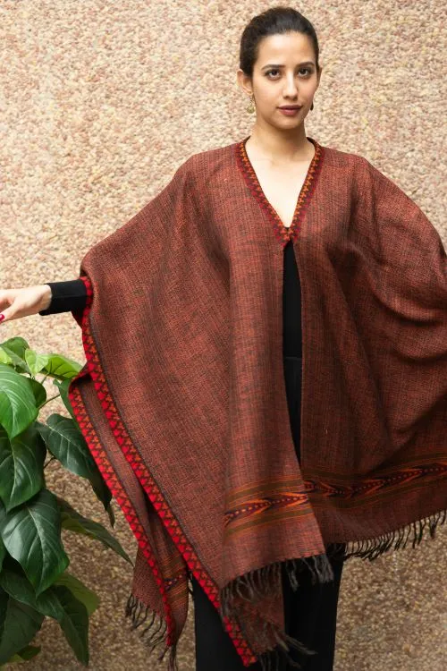 TICH Fine, Soft Himachal Wool Poncho Wrap With Woven Kinnauri Border - Brown Rust