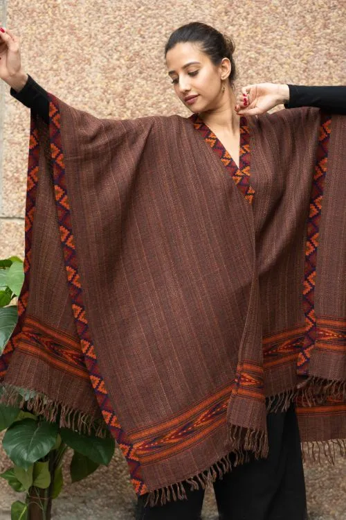 TICH Fine, Soft Himachal Wool Poncho Wrap With Woven Kinnauri Border - Brown Shades