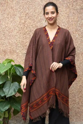 TICH Fine, Soft Himachal Wool Poncho Wrap With Woven Kinnauri Border - Brown Shades