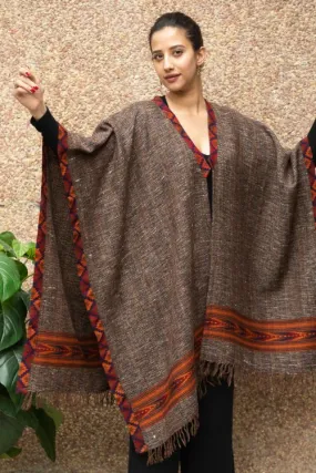 TICH Fine, Soft Himachal Wool Poncho Wrap With Woven Kinnauri Border - Brown