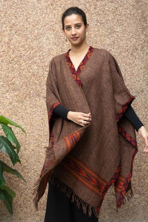 TICH Fine, Soft Himachal Wool Poncho Wrap With Woven Kinnauri Border - Browns