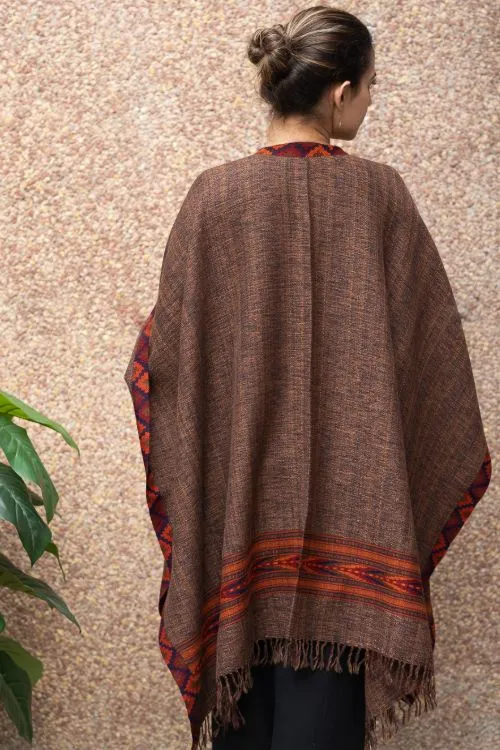 TICH Fine, Soft Himachal Wool Poncho Wrap With Woven Kinnauri Border - Browns