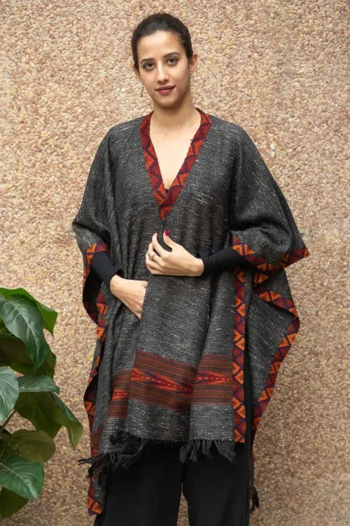 TICH Fine, Soft Himachal Wool Poncho Wrap With Woven Kinnauri Border - Dark Grey