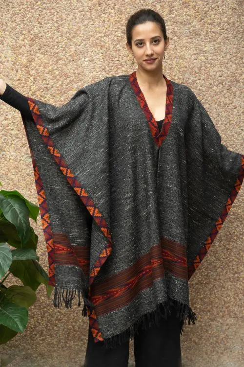 TICH Fine, Soft Himachal Wool Poncho Wrap With Woven Kinnauri Border - Dark Grey