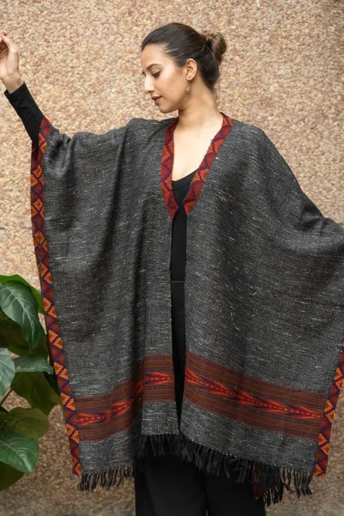 TICH Fine, Soft Himachal Wool Poncho Wrap With Woven Kinnauri Border - Dark Grey