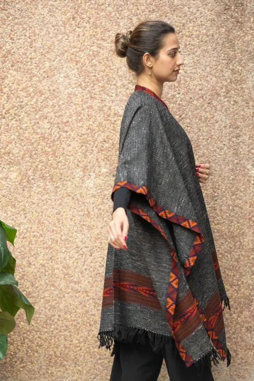 TICH Fine, Soft Himachal Wool Poncho Wrap With Woven Kinnauri Border - Dark Grey