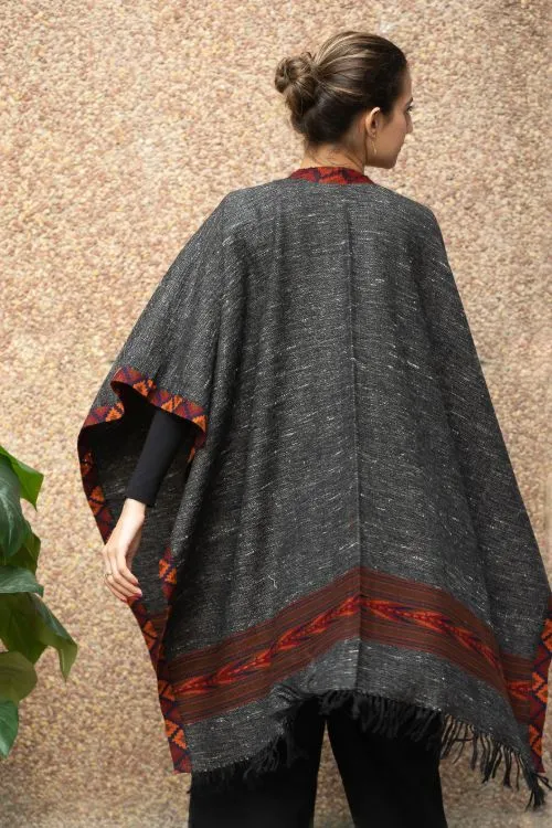 TICH Fine, Soft Himachal Wool Poncho Wrap With Woven Kinnauri Border - Dark Grey