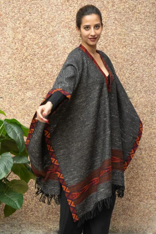 TICH Fine, Soft Himachal Wool Poncho Wrap With Woven Kinnauri Border - Dark Grey