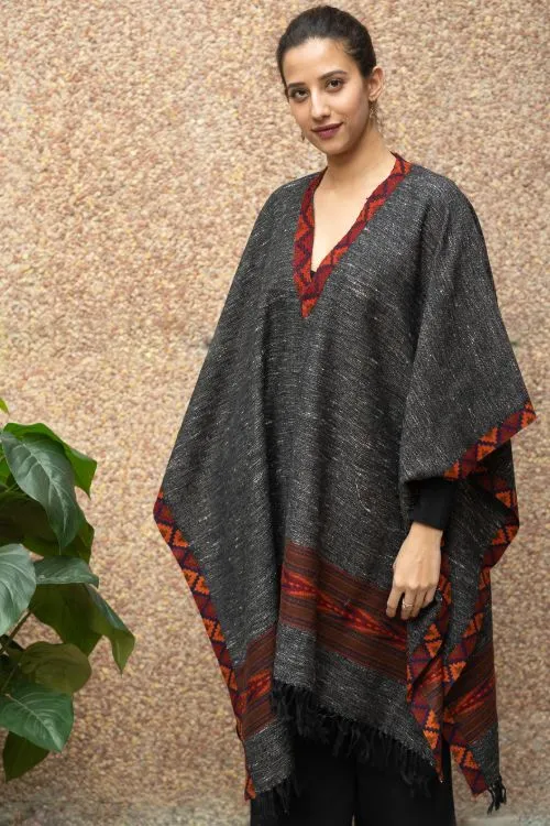 TICH Fine, Soft Himachal Wool Poncho Wrap With Woven Kinnauri Border - Dark Grey