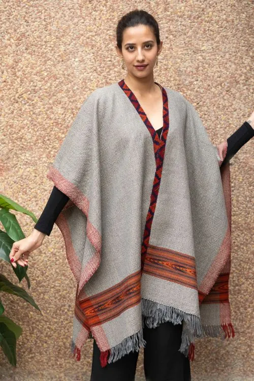 TICH Fine, Soft Himachal Wool Poncho Wrap With Woven Kinnauri Border - Grey Tones