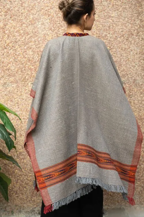 TICH Fine, Soft Himachal Wool Poncho Wrap With Woven Kinnauri Border - Grey