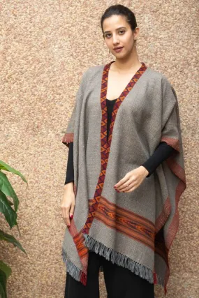 TICH Fine, Soft Himachal Wool Poncho Wrap With Woven Kinnauri Border - Grey