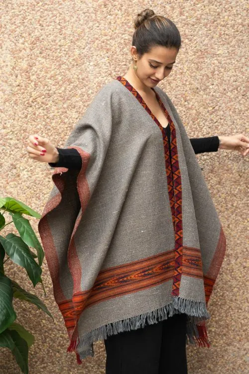 TICH Fine, Soft Himachal Wool Poncho Wrap With Woven Kinnauri Border - Grey