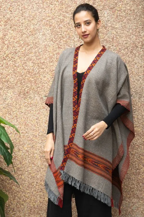 TICH Fine, Soft Himachal Wool Poncho Wrap With Woven Kinnauri Border - Grey