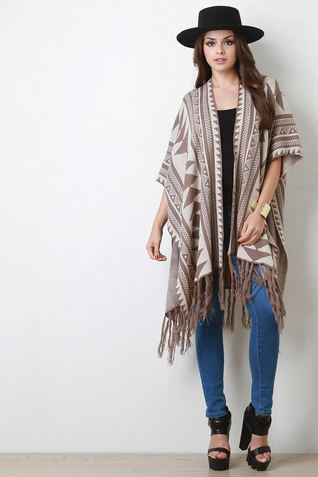 Tribal Print Fringe Hem Poncho