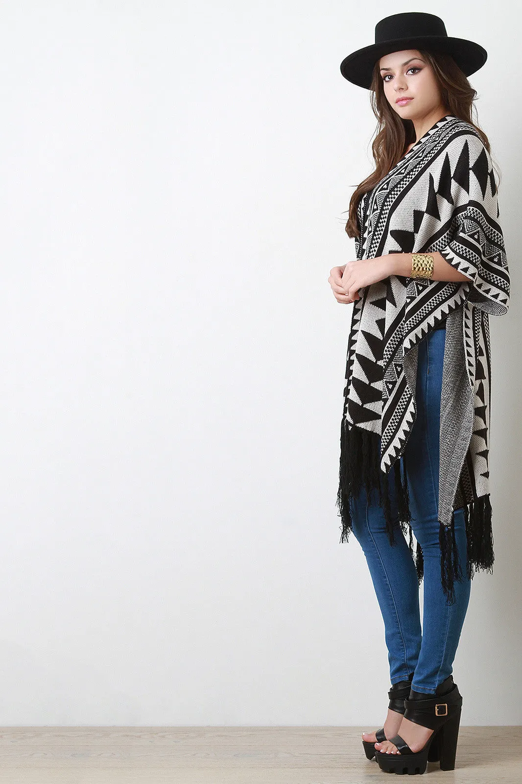 Tribal Print Fringe Hem Poncho