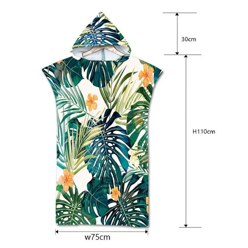 Tropical Leaves Bath Beach Towel with Hood Microfiber Hooded Robe Towel Poncho for Swimming Beach Surf Woman Bathrobe Beachwear