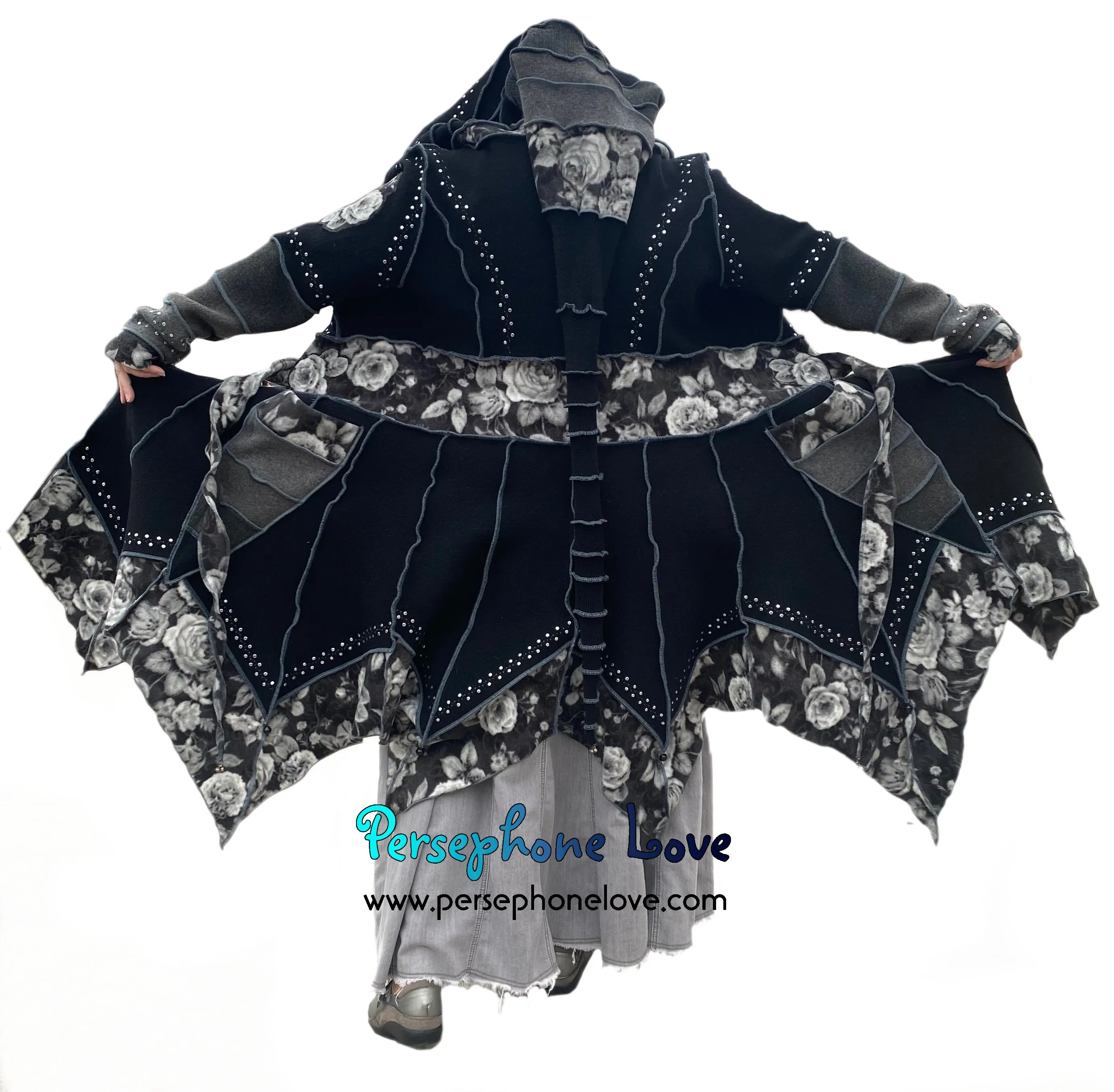 “Victoriana" Black pixie felted cashmere/fleece Katwise-inspired sequin sweatercoat-2555