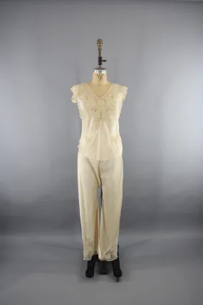 Vintage 1930s Silk Satin and Lace Pajamas Loungewear