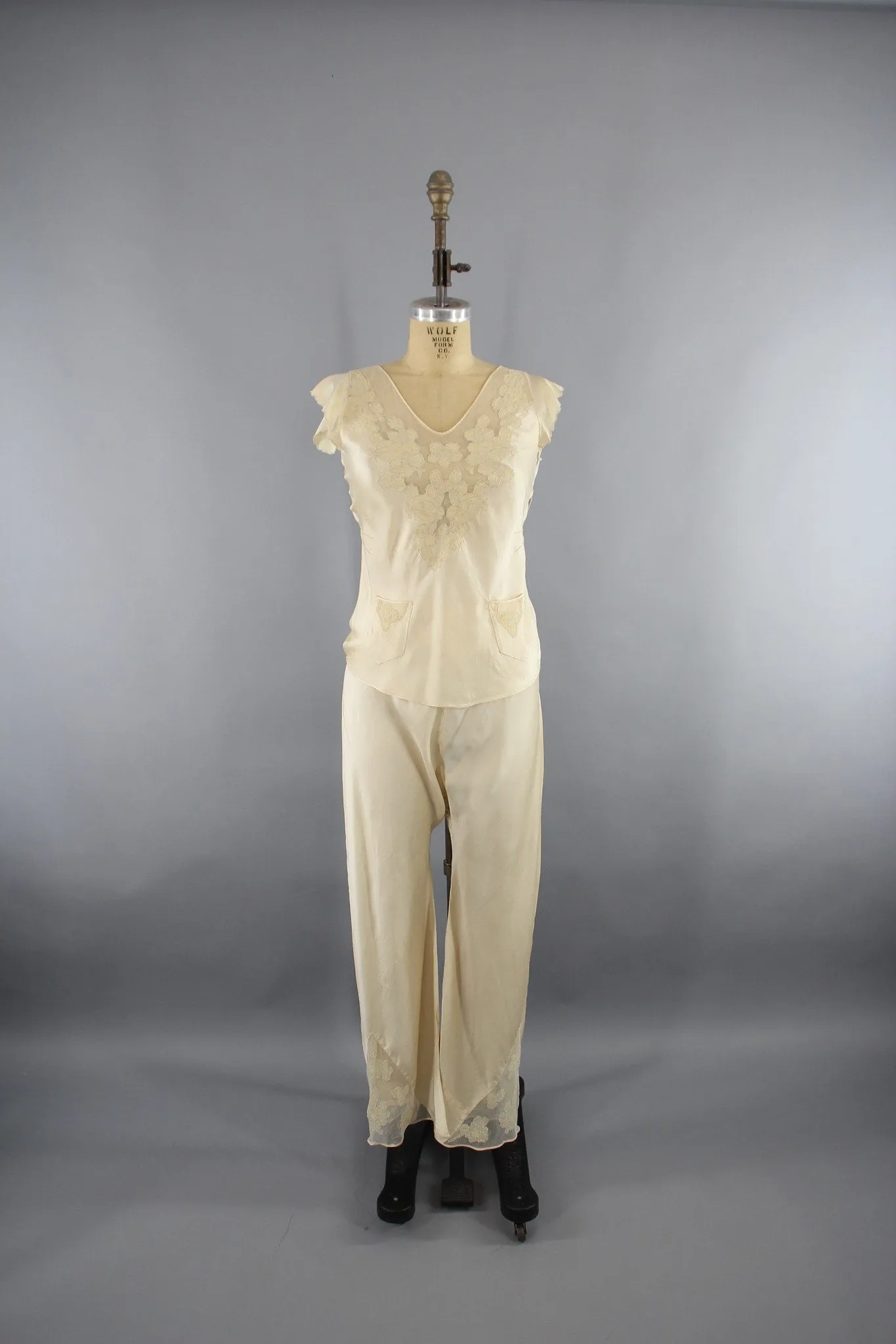 Vintage 1930s Silk Satin and Lace Pajamas Loungewear