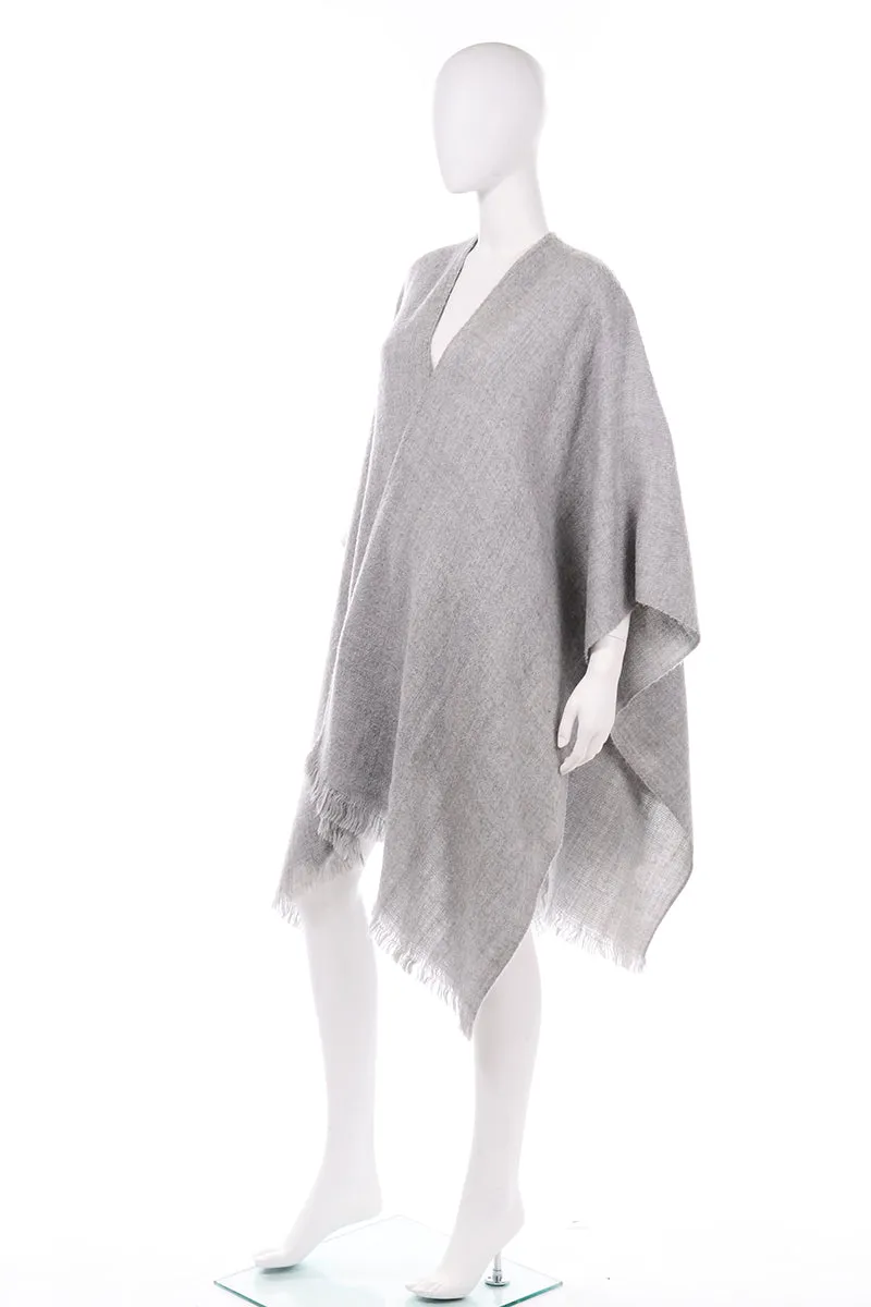 Vintage Gray Poncho Cape Style Lightweight Wool Wrap With Fringe