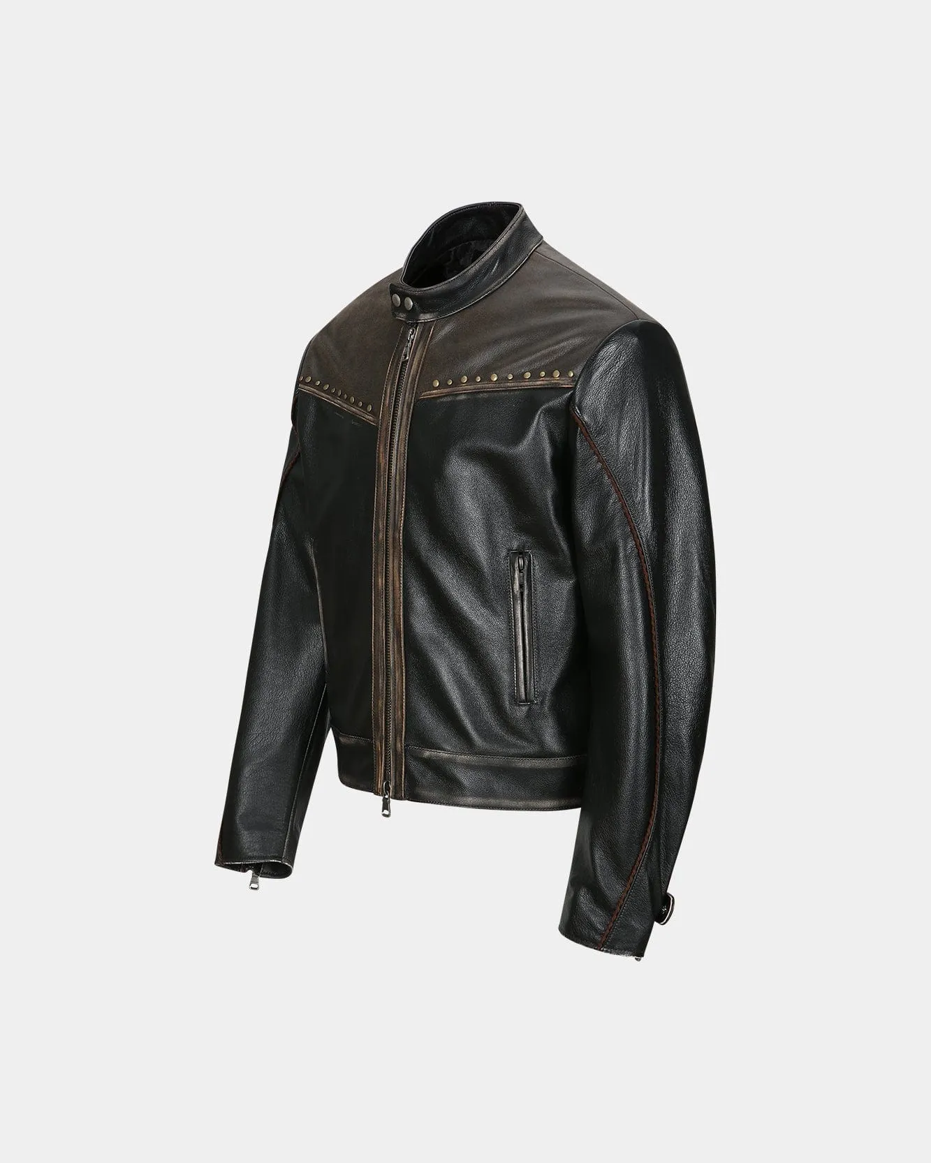 VINTAGE LEATHER BIKER JACKET awa582m(BLACK)