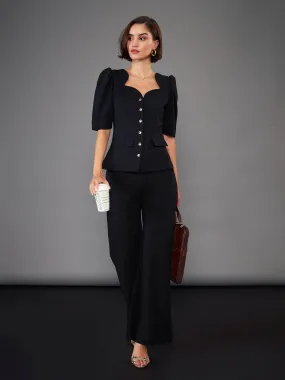 Women Black Puff Sleeves Top With Bell Bottom Pants