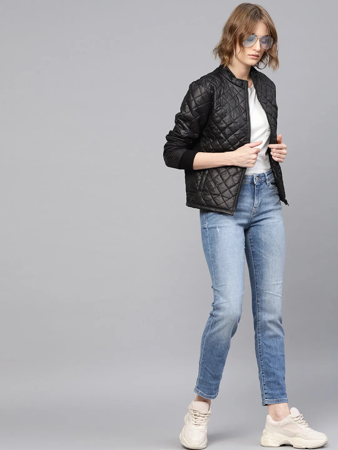 Women Black Quilted Jacket With Zip On Sleeves