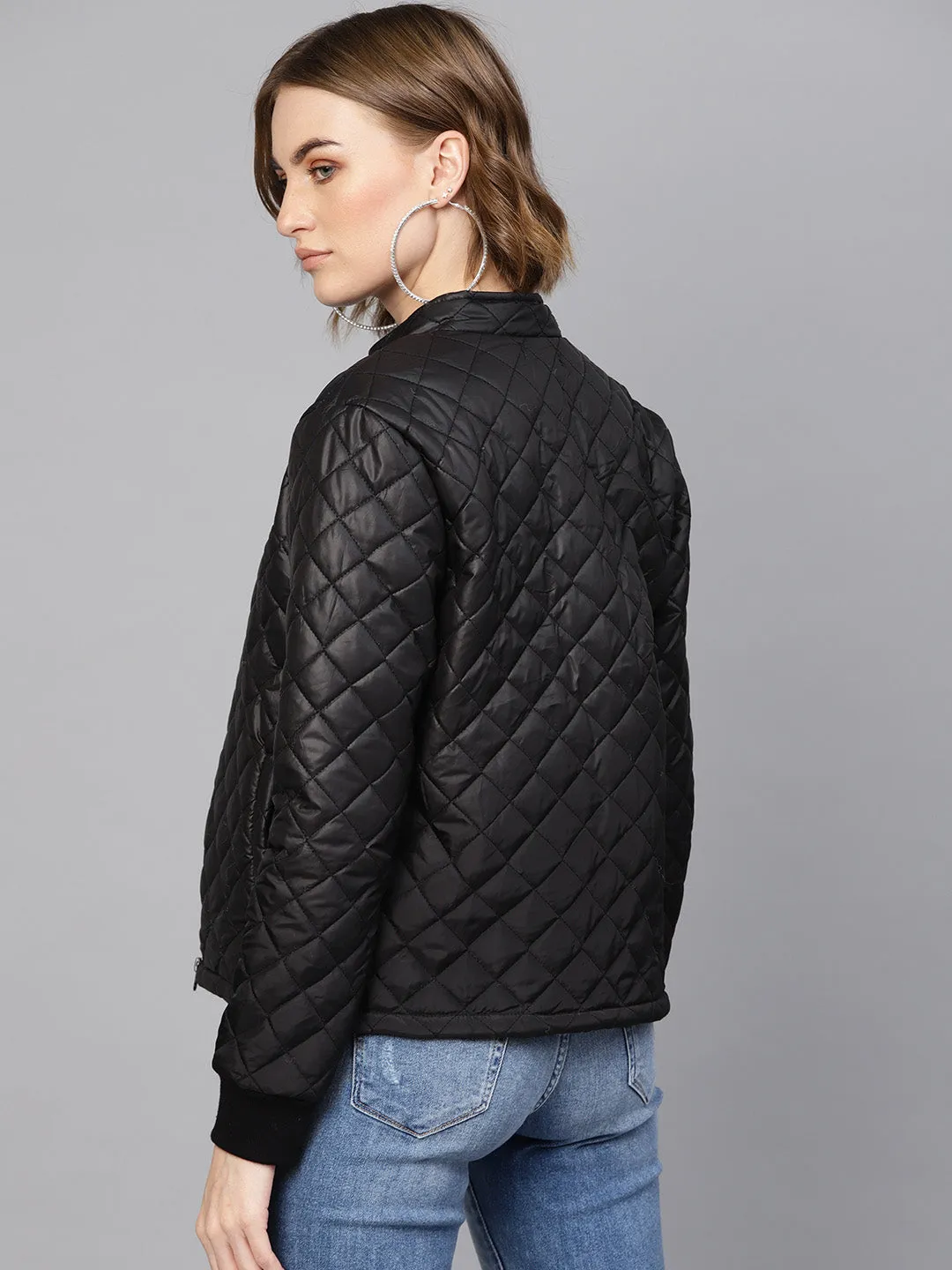 Women Black Quilted Jacket With Zip On Sleeves