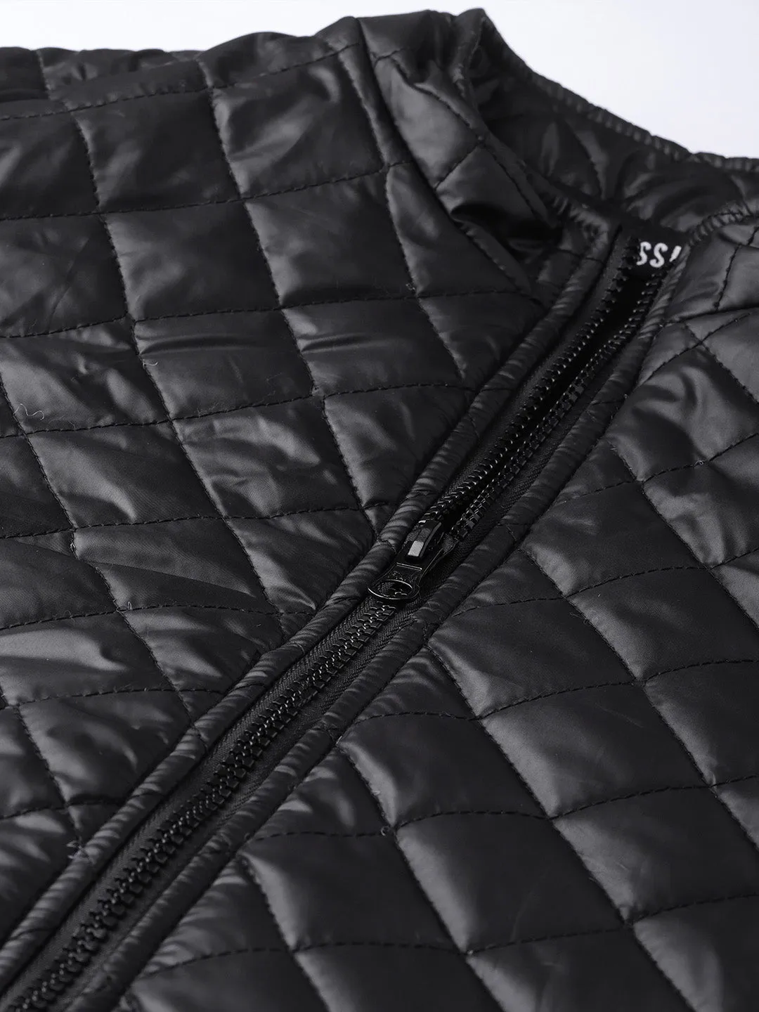 Women Black Quilted Jacket With Zip On Sleeves