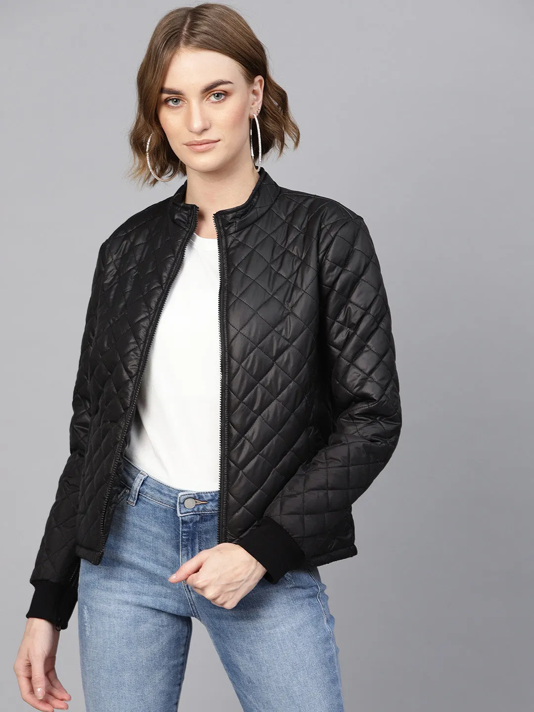 Women Black Quilted Jacket With Zip On Sleeves