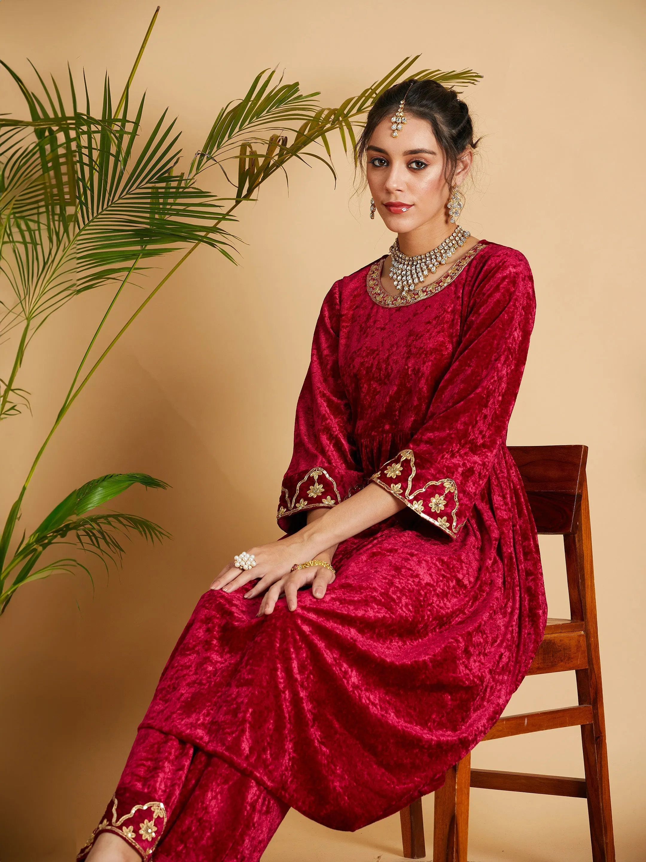 Women Fuchsia Velvet Embroidered Dress With Pants