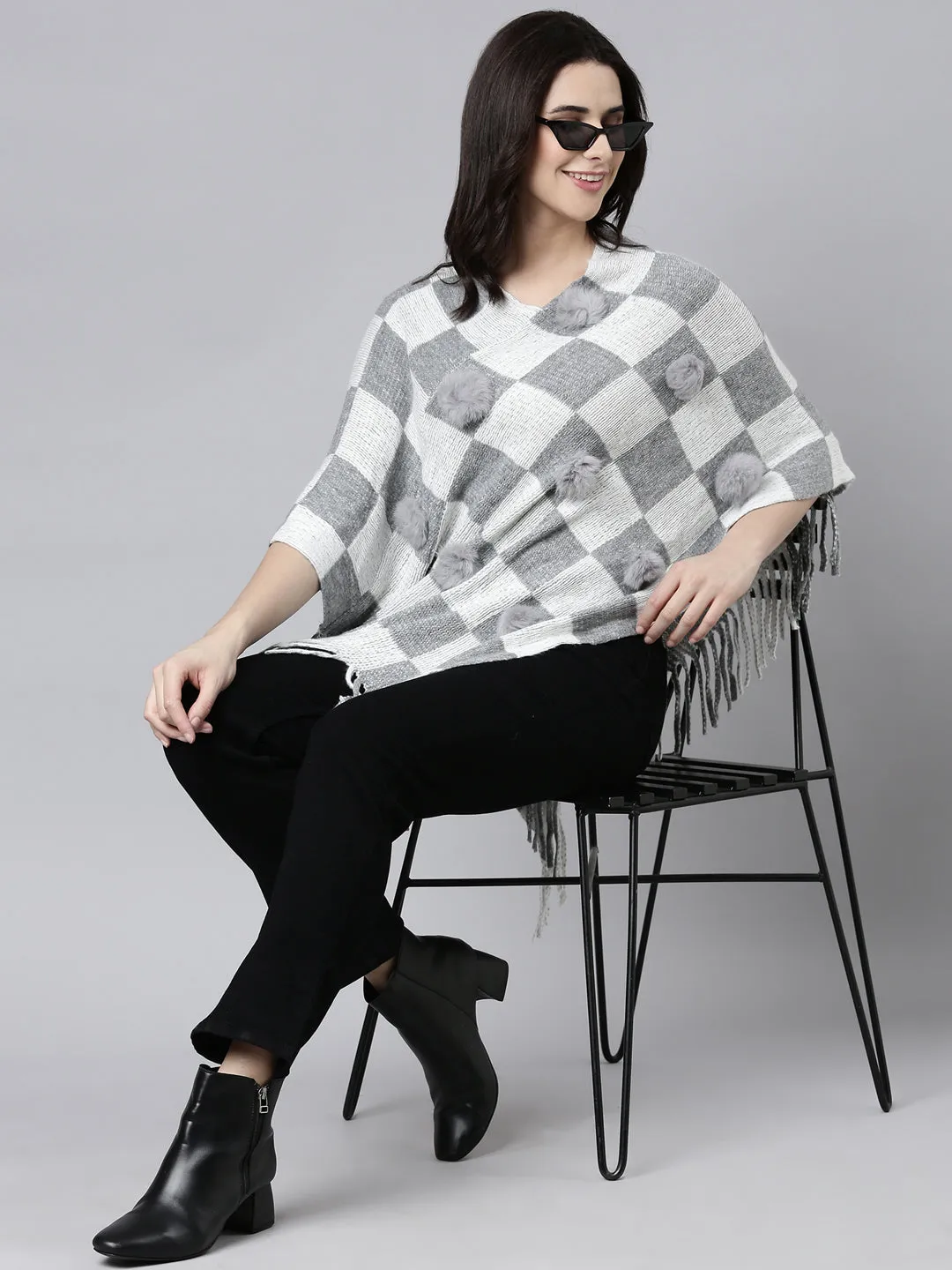 Women Geometric Grey Poncho