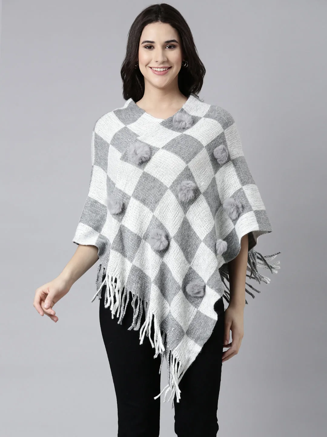 Women Geometric Grey Poncho