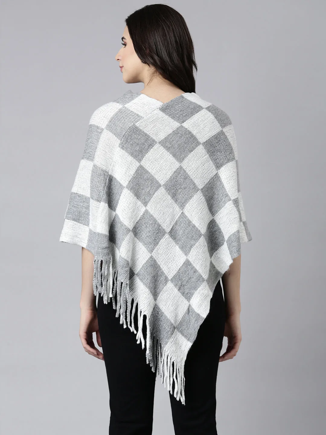 Women Geometric Grey Poncho