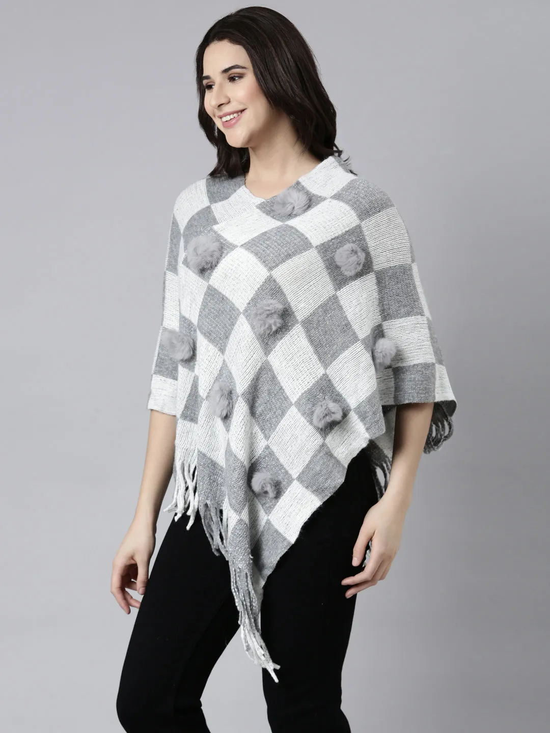 Women Geometric Grey Poncho