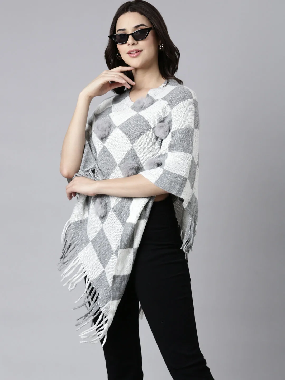 Women Geometric Grey Poncho