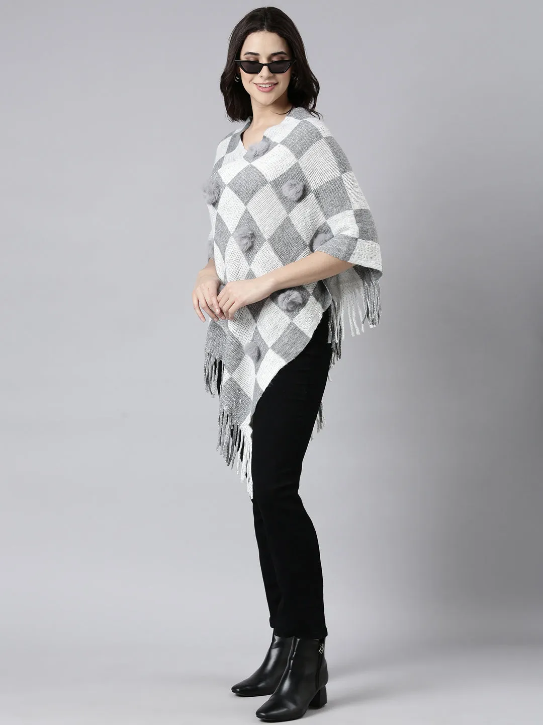 Women Geometric Grey Poncho