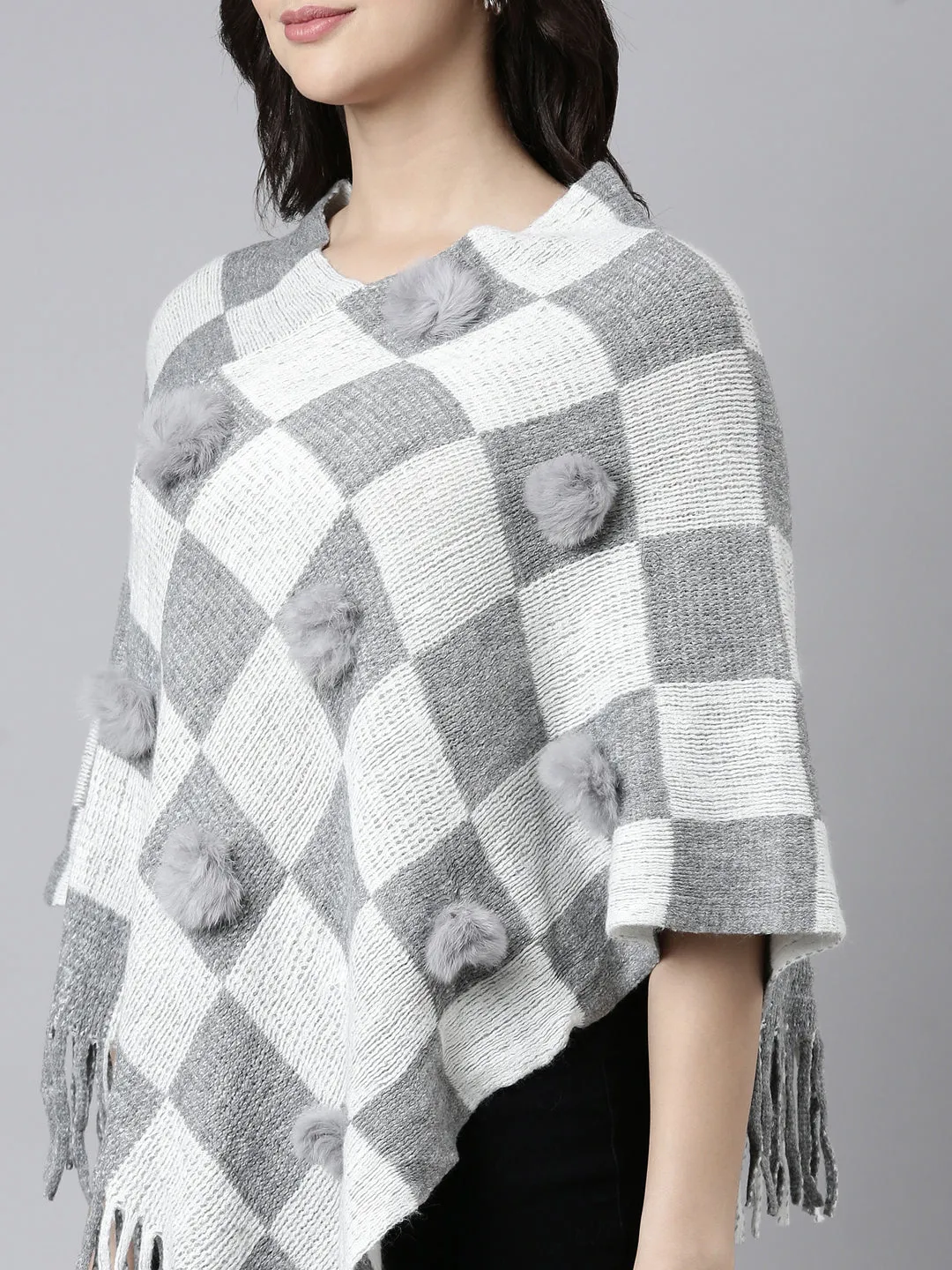 Women Geometric Grey Poncho